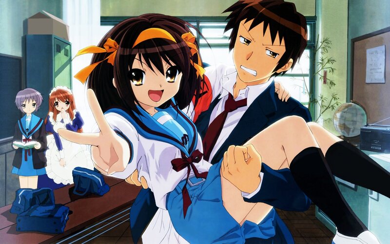 Anime Girl Hugging Boy — Blue, Playful, Afternoon, School Uniform