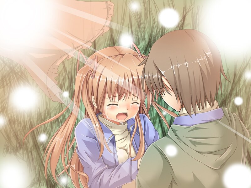 Anime Girl Hugging Boy — Brown, Warm, Grass