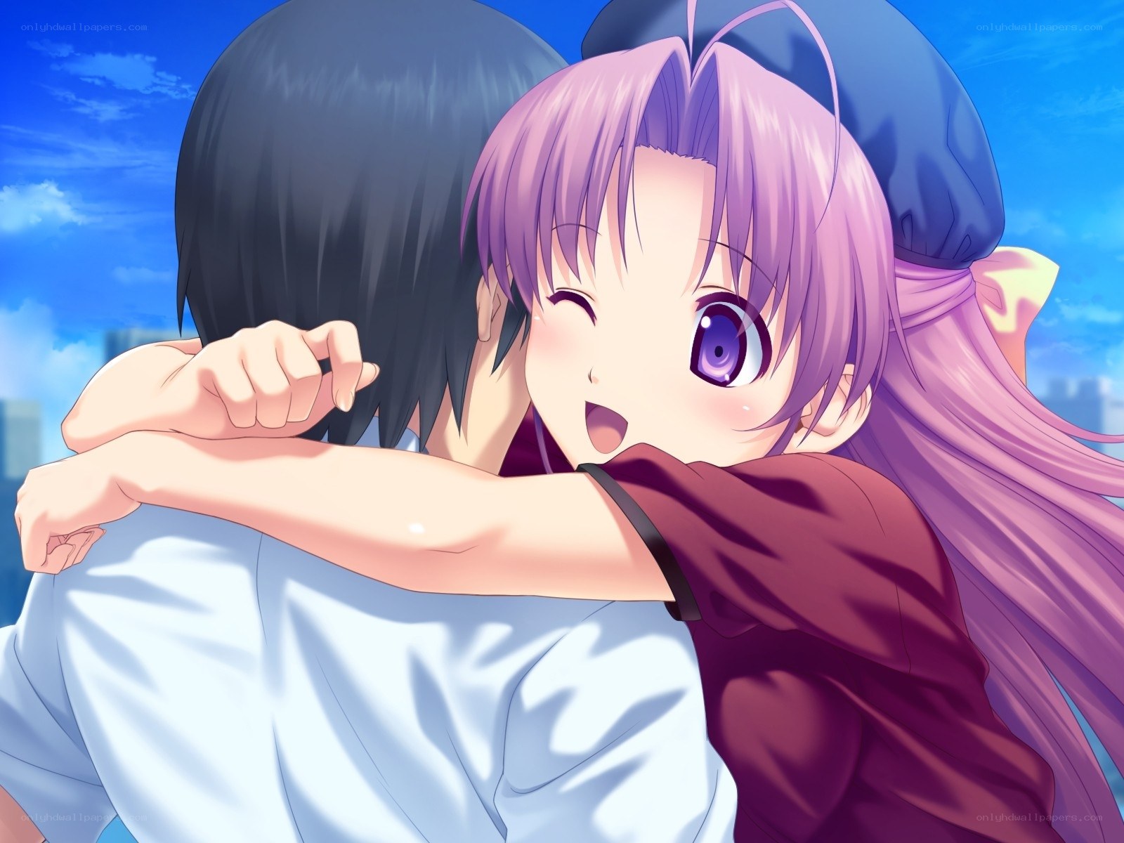 anime girl hugging boy