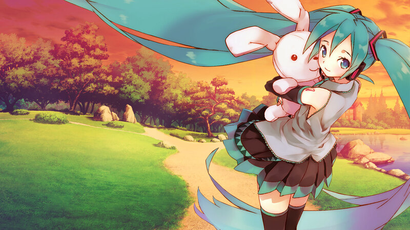 Anime Girl Hugging Bunny — Green