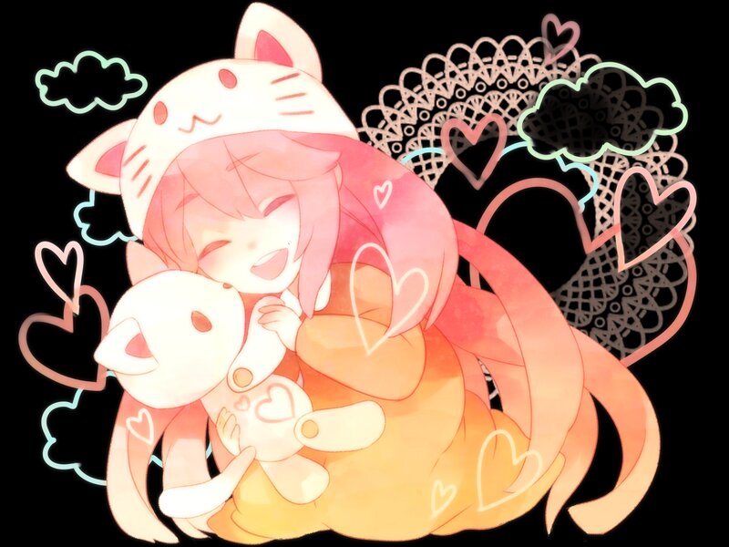 Anime girl hugging cat plush