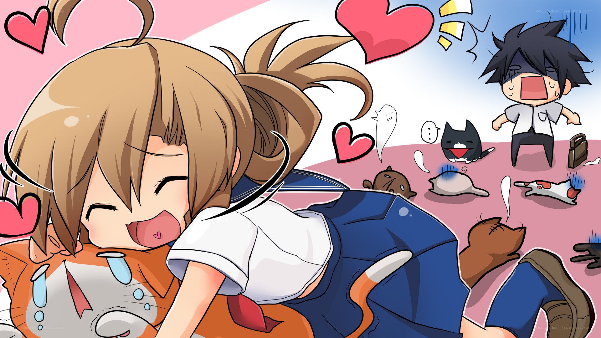 Anime girl hugging cat