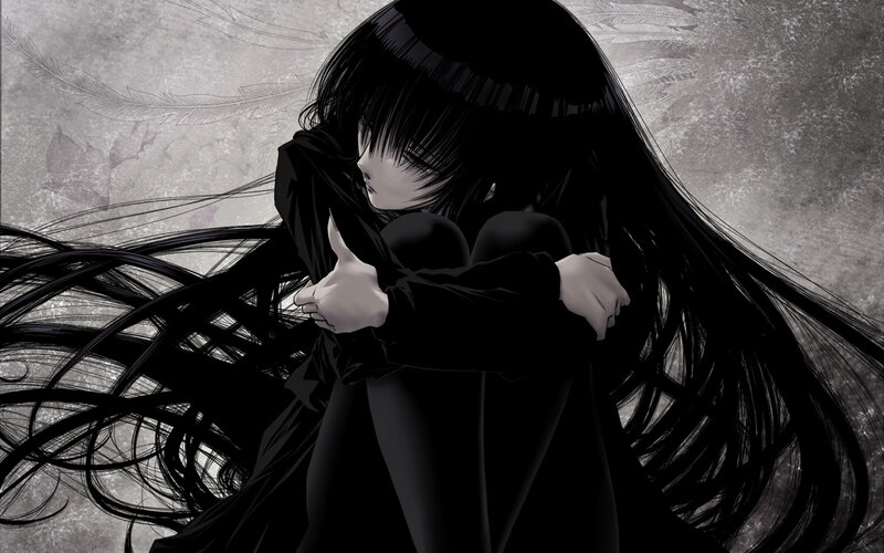 Anime Girl Hugging Herself — Black, Melancholic