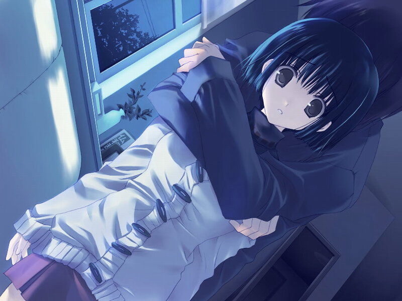 Anime Girl Hugging Knees — Blue, Calm