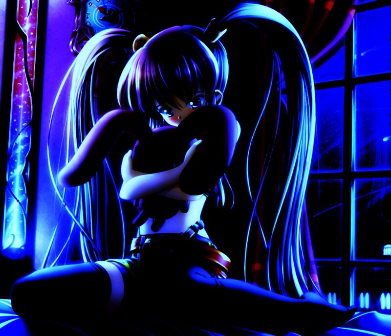 Anime Girl Hugging Knees — Blue, Dramatic