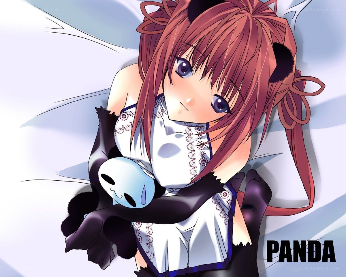 Anime girl hugging panda