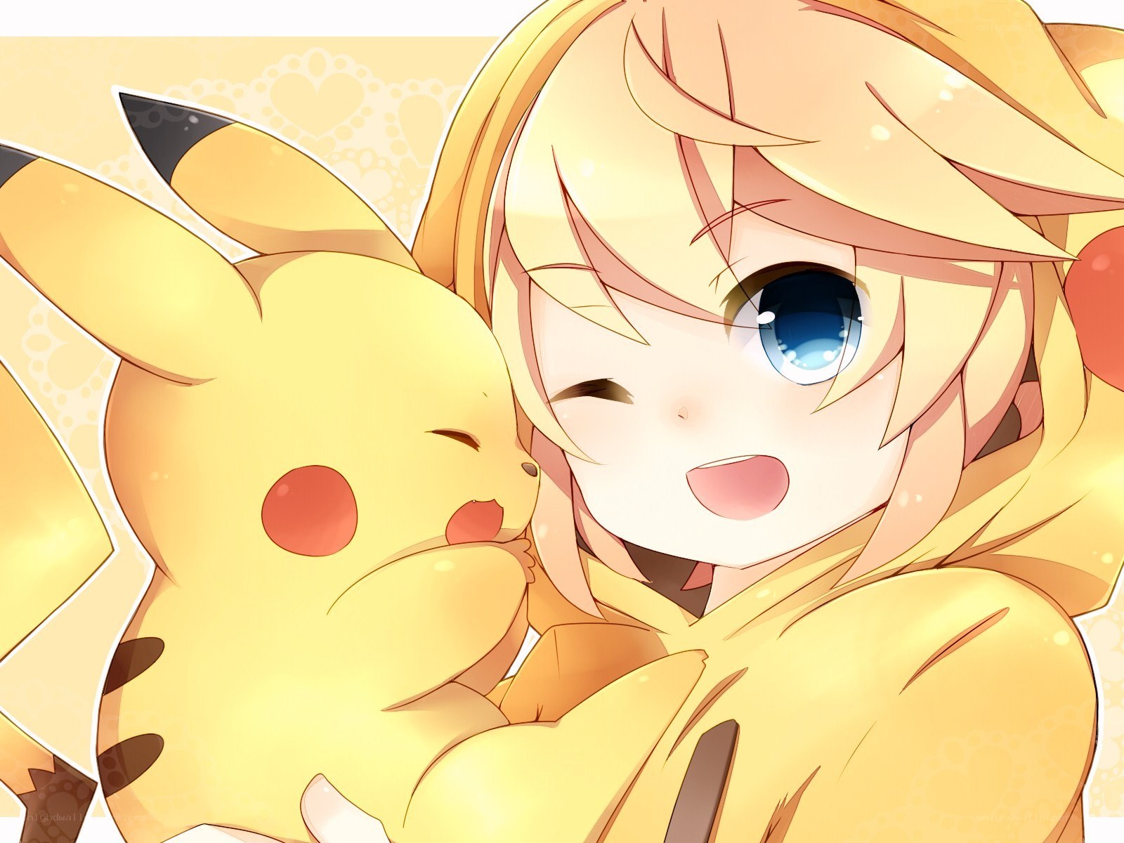 Anime girl hugging Pikachu