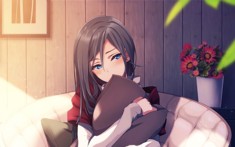 Anime Girl Hugging Pillow — Gray, Calm