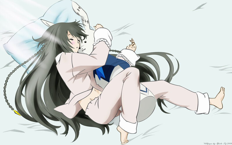 Anime girl hugging plush toy