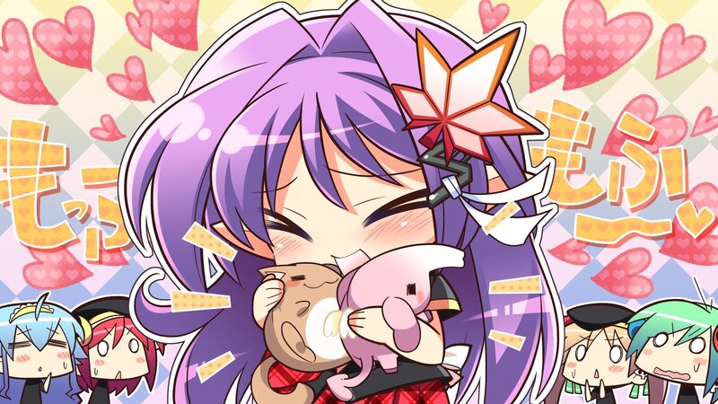 Anime girl hugging plushies