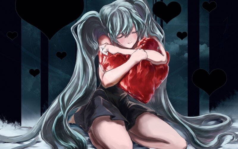 anime girl hugging red heart