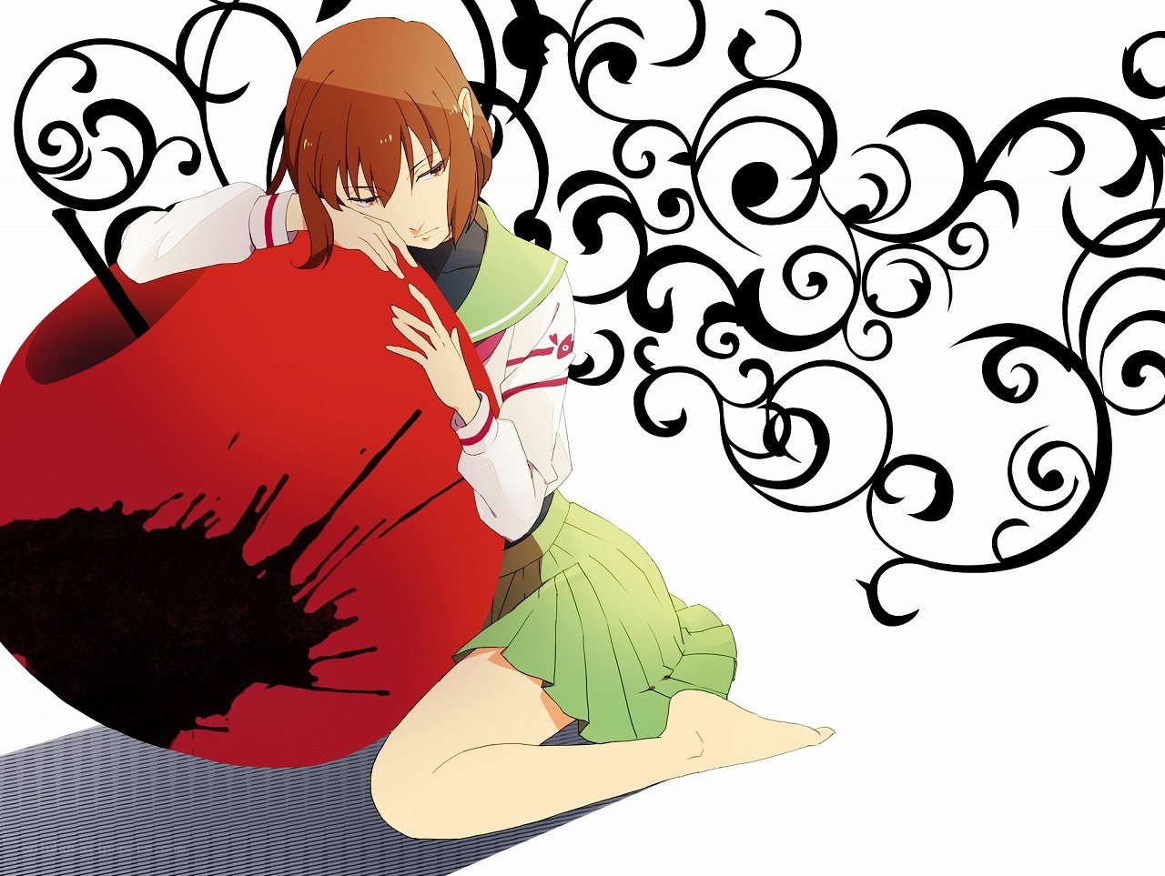 anime girl hugging red object