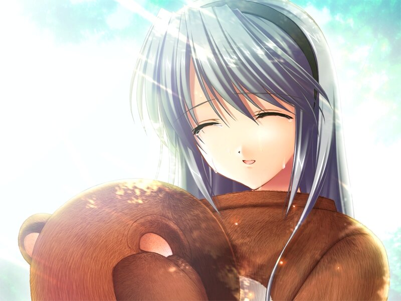 anime girl hugging teddy bear