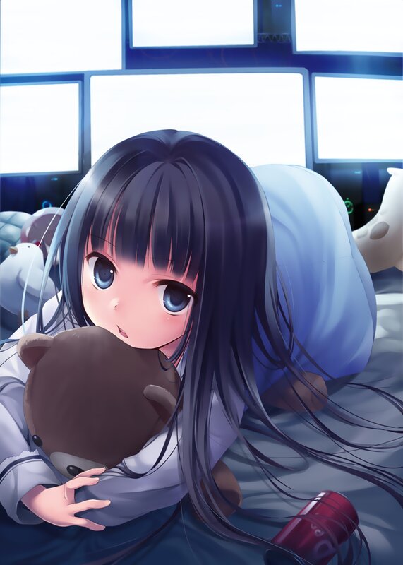 anime girl hugging teddy bear