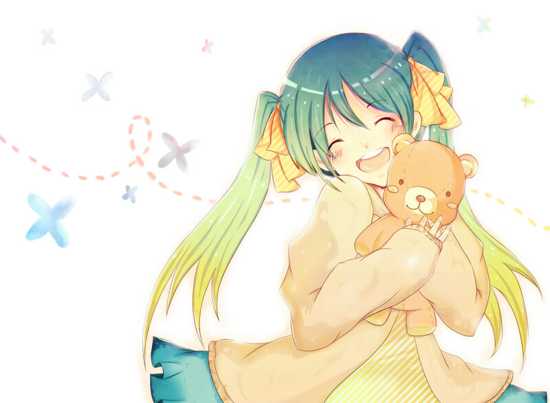Anime girl hugging teddy bear