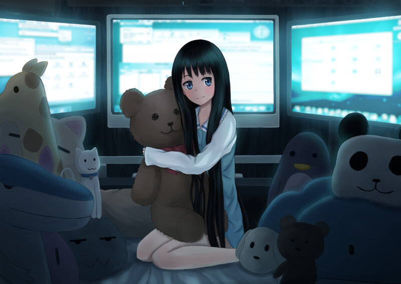 Anime Girl Hugging Teddy Bear — Blue
