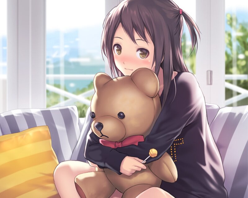 Anime Girl Hugging Teddy Bear — Brown