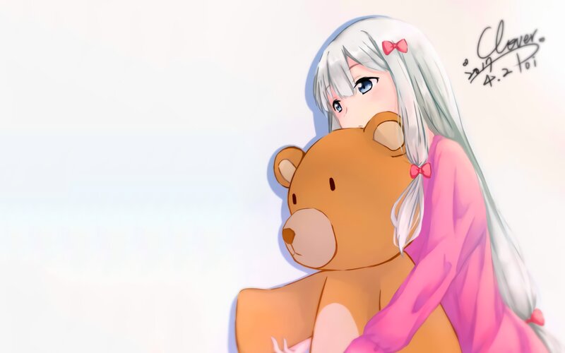 Anime Girl Hugging Teddy Bear — White