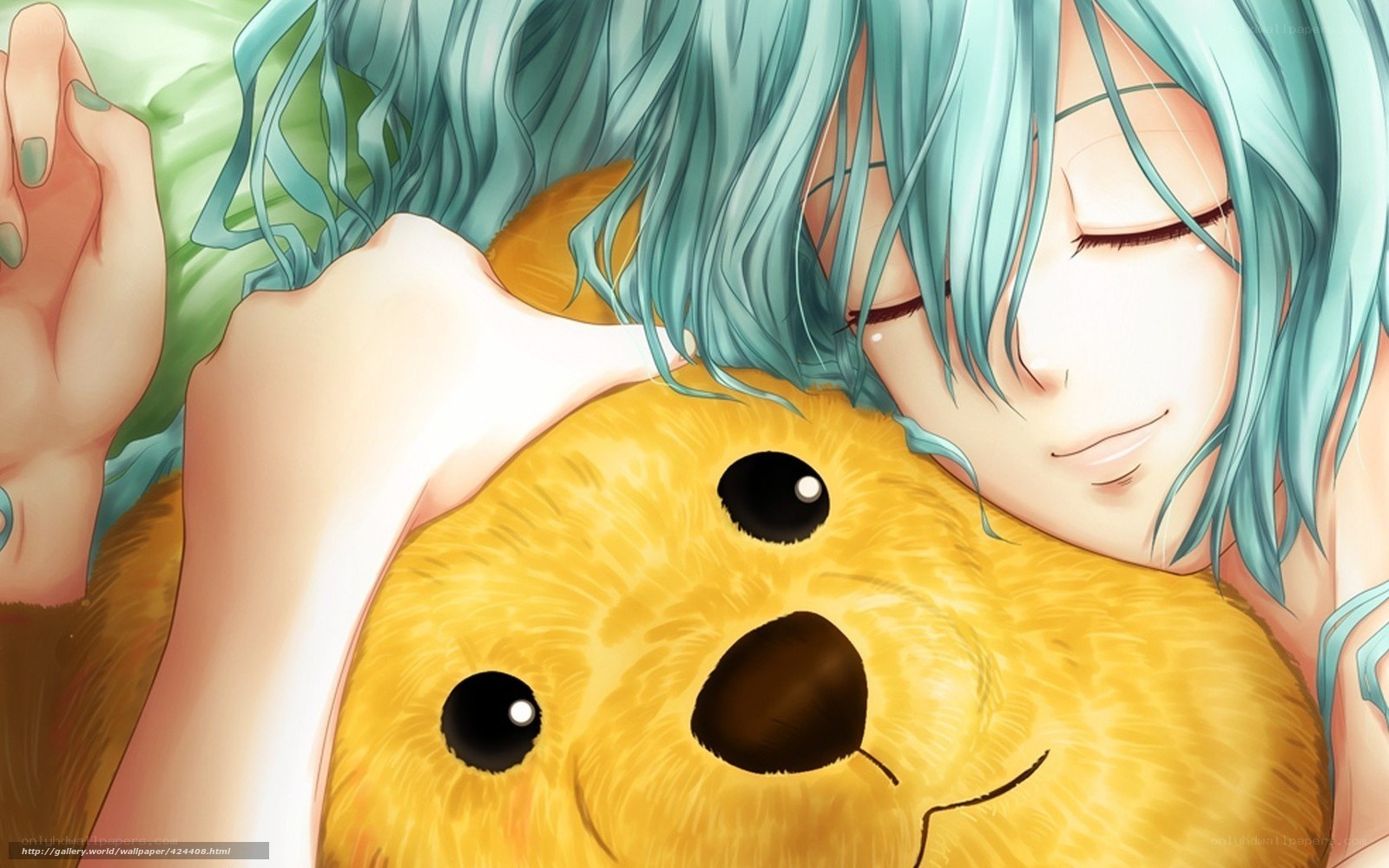 Anime girl hugging teddy bear