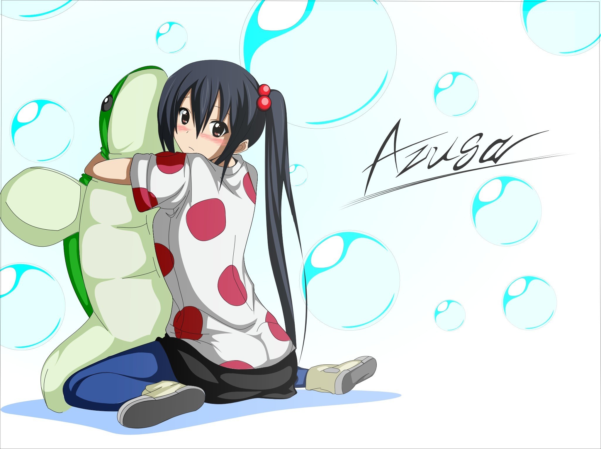 Anime girl hugging turtle