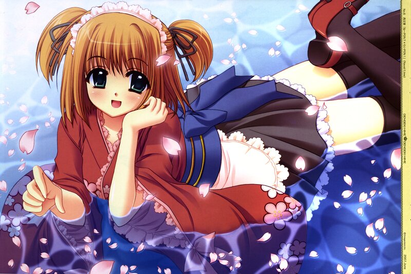 Anime girl in a bath with cherry blossoms