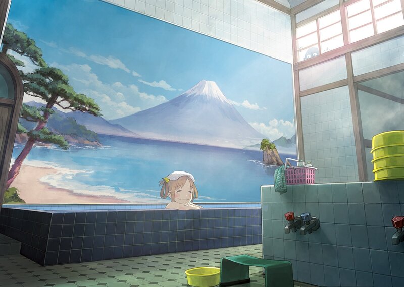 Anime girl in a bath with Mount Fuji