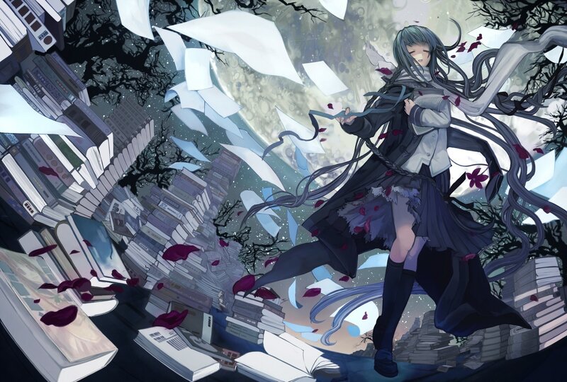 Anime girl in a book-filled storm
