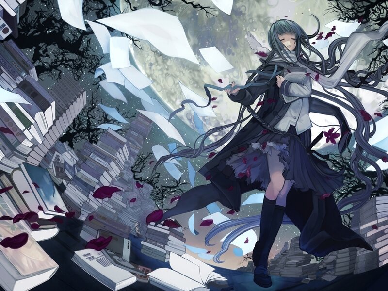 Anime girl in a book storm