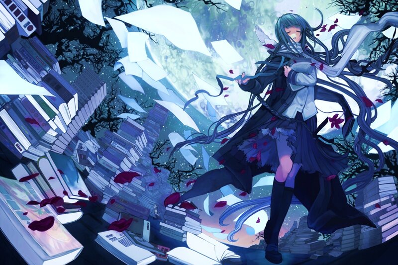 Anime girl in a book storm