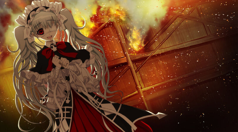 Anime girl in a burning building