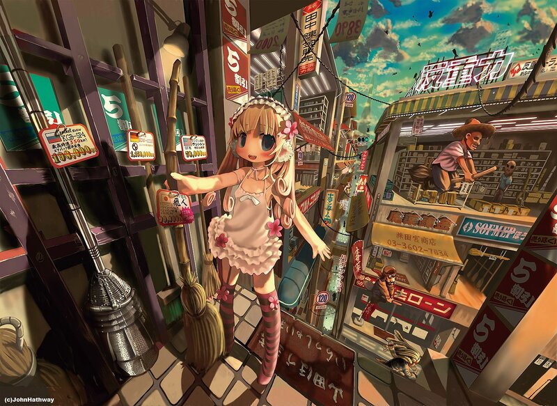 Anime girl in a bustling alley