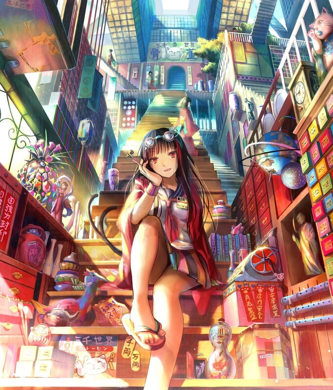 Anime girl in a bustling shop