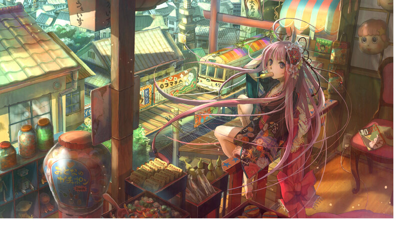 Anime girl in a candy shop