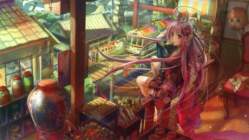 Anime girl in a candy shop