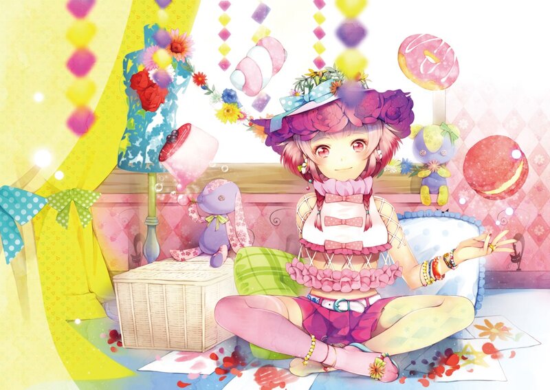 Anime girl in a candy-themed room
