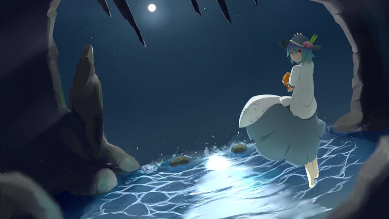 Anime girl in a cave at night