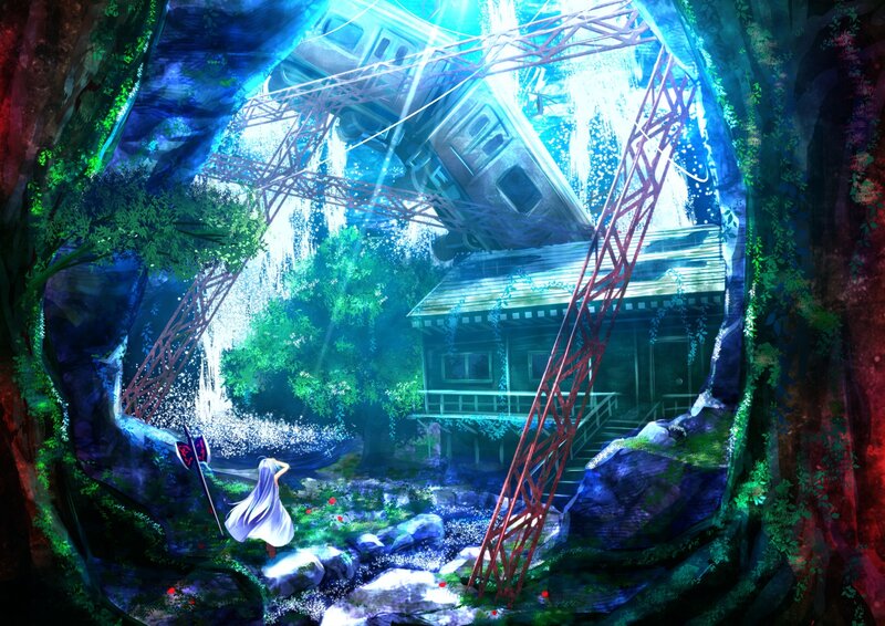 Anime girl in a cave with a house