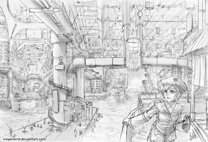 anime girl in a city sketch