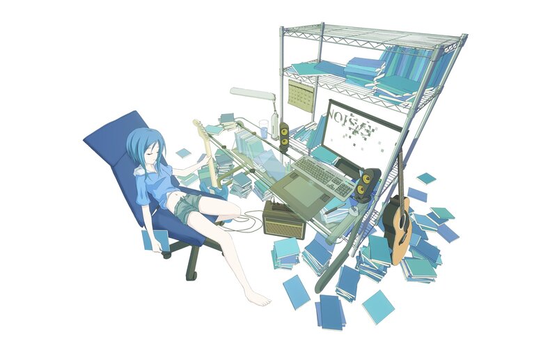 Anime girl in a cluttered room