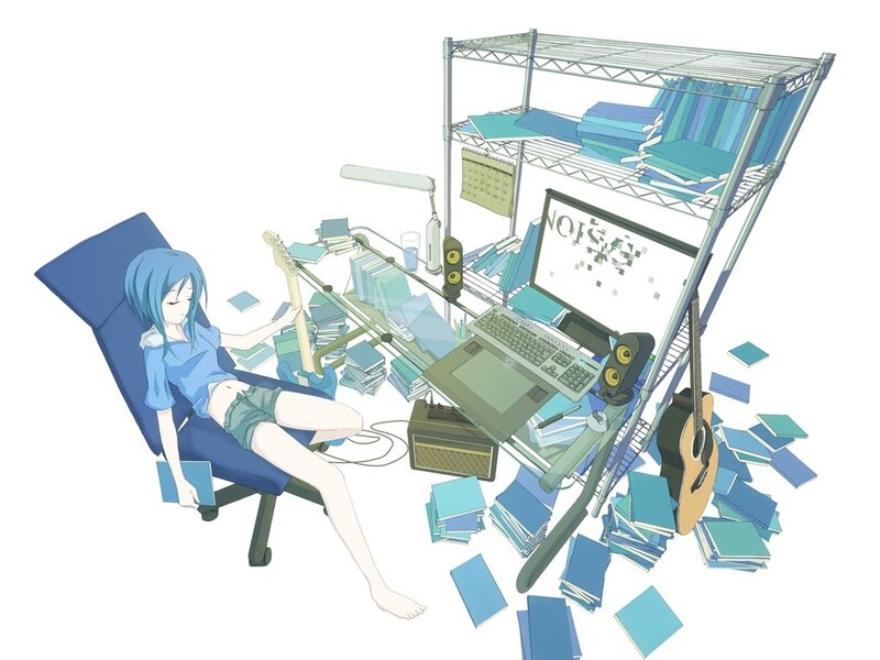 Anime girl in a cluttered room