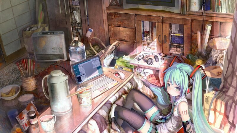 Anime girl in a cluttered room