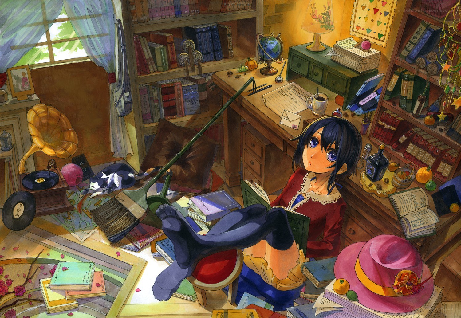Anime girl in a cluttered study