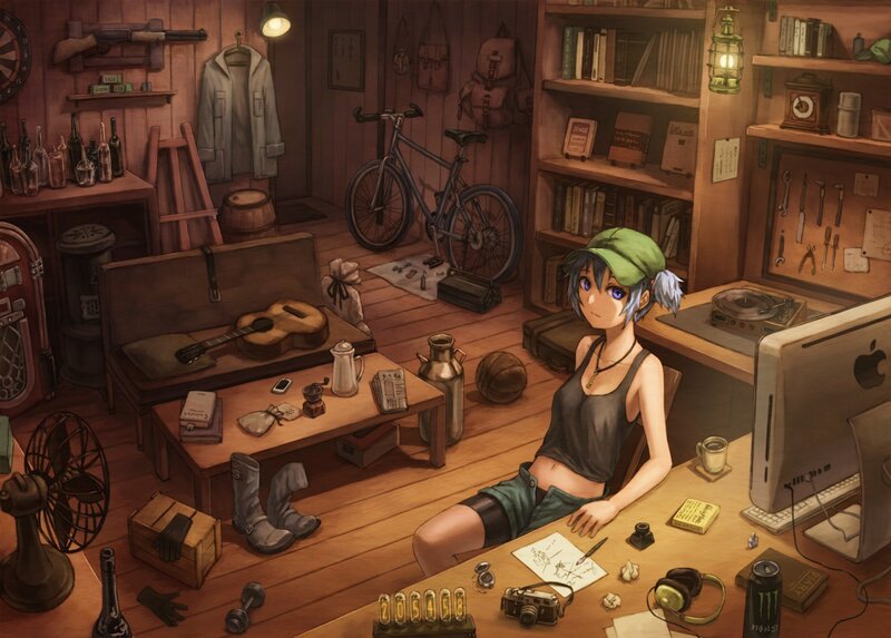 Anime girl in a cluttered workshop