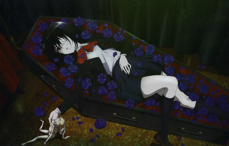 Anime girl in a coffin with roses