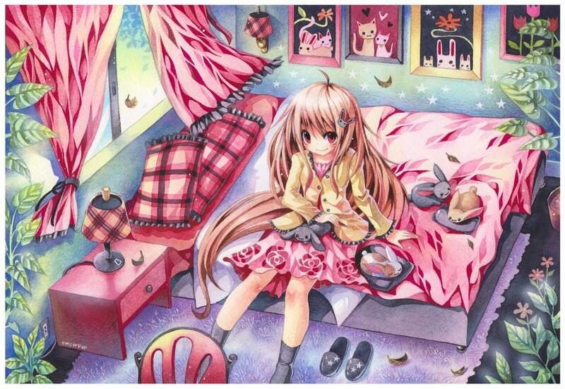 Anime girl in a cozy bedroom