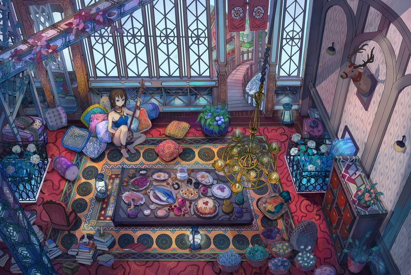 Anime girl in a cozy room