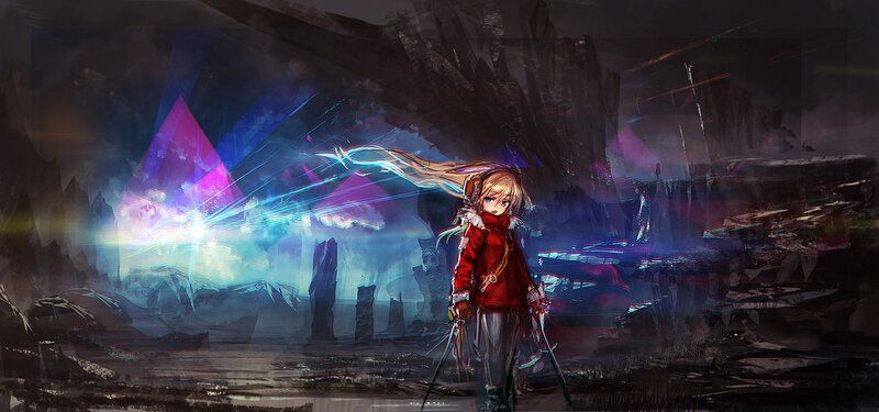 Anime girl in a dark landscape
