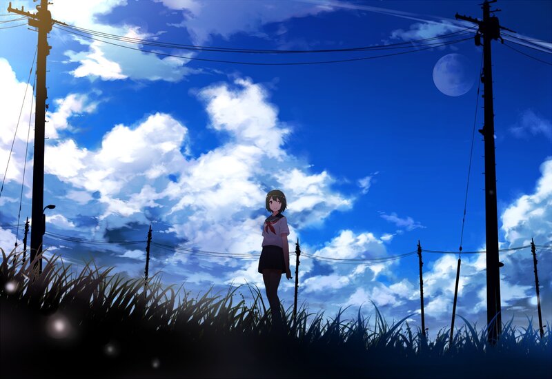 Anime girl in a field at dusk