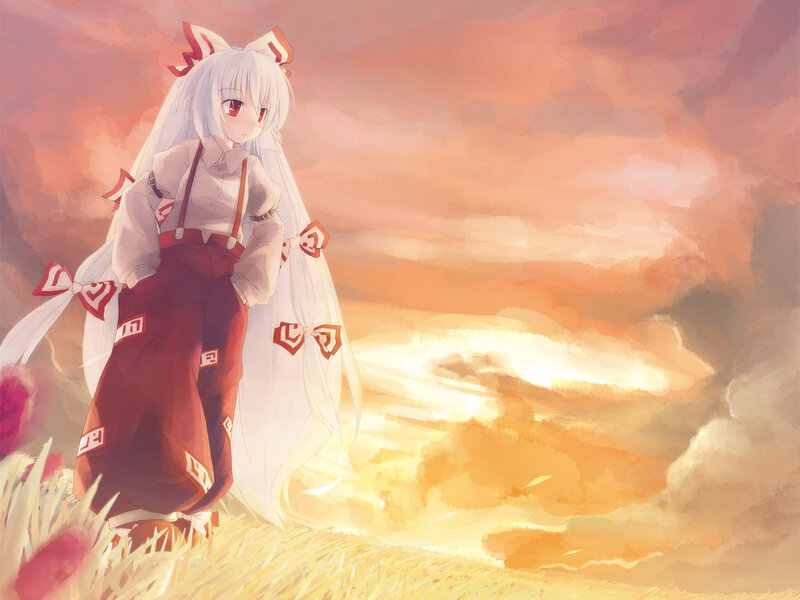 Anime girl in a field at sunset