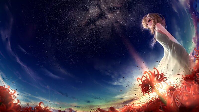 Anime girl in a field of red flowers